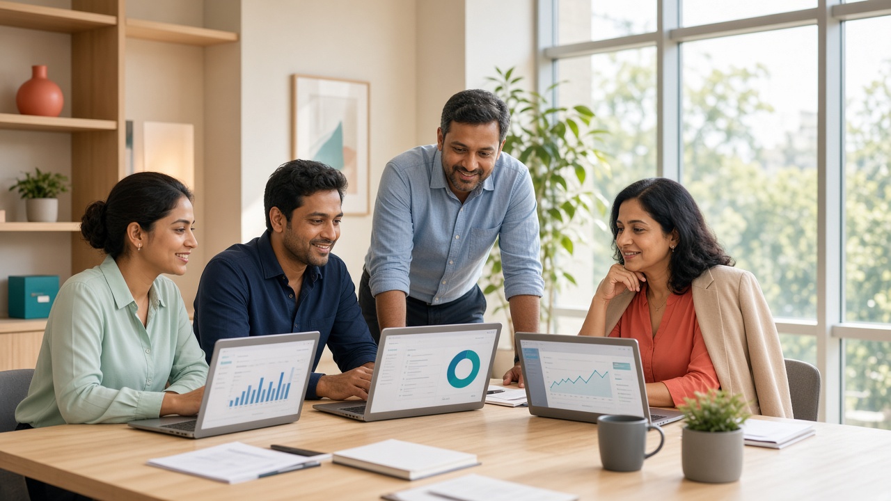 Business team collaborating with software in a bright office